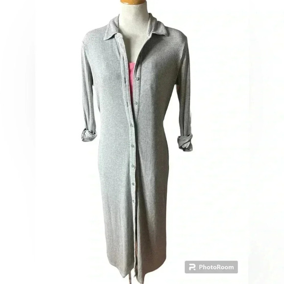 Ladies woman’s cardigan ribbed dress grey small button down shirt dress p-p 22 - Picture 2 of 4